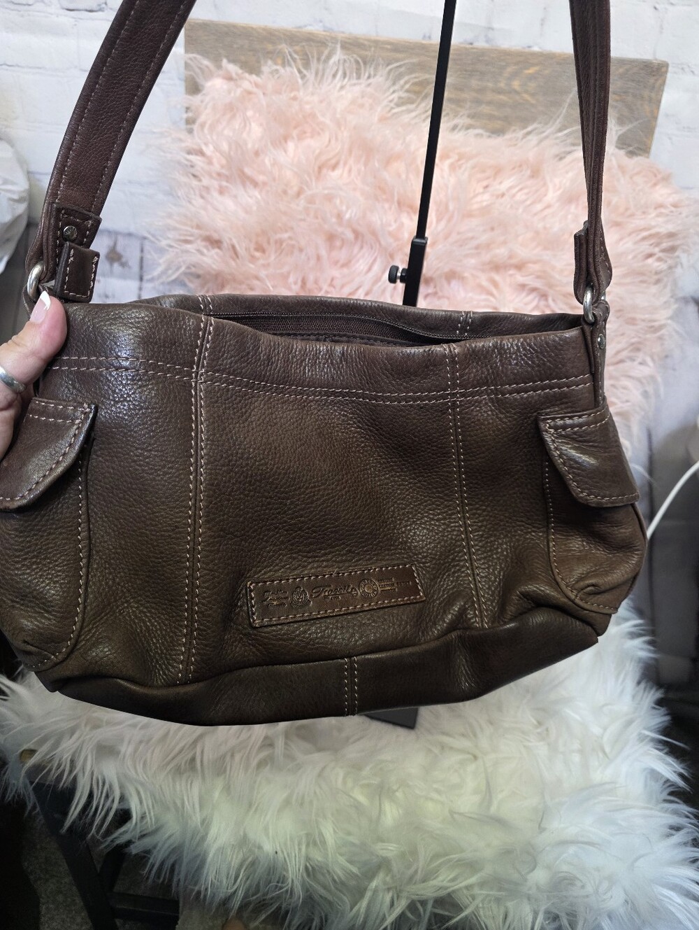 Fossil Brown Pebbled Leather Shoulder Bag
